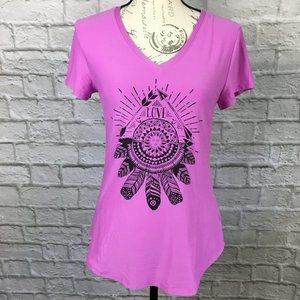 No Boundaries Pink V-Neck Tee with Feathers